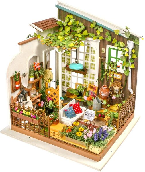Patio Terrace - DIY Build Your Own Wooden Miniature Dollhouse Room Craft Kits with Miniatures, Furniture and LED Lighting included.