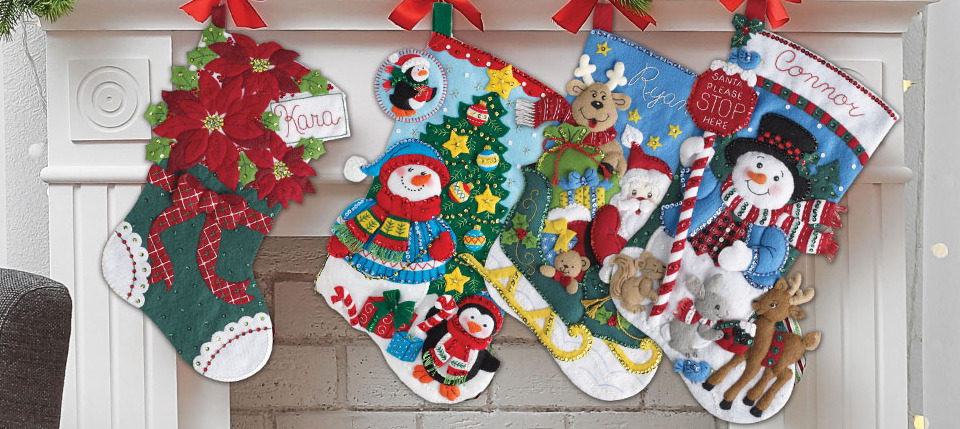 Bucilla felt appliqué Christmas Stocking Kits. Make fun felt ornaments, stockings and other decorations you can re-use year after year!